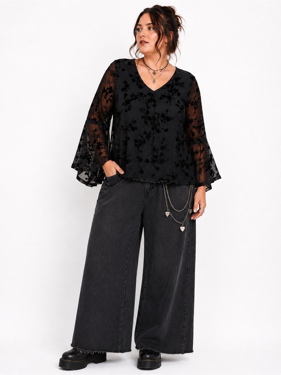 Lily Morgan Tops - Lily Morgan Black Flocked Floral Top Bell Sleeve Whimsygoth Fairy Grunge Large